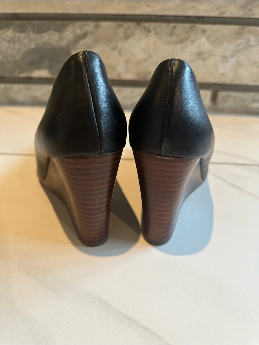 Vince Camuto Black Leather Pointed-Toe Wedge Pumps